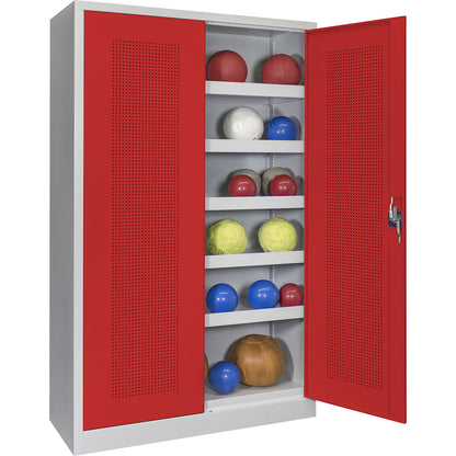 Double door ball cupboard, height 1950 mm, with perforated panel doors, width 1200 mm, grey / red.