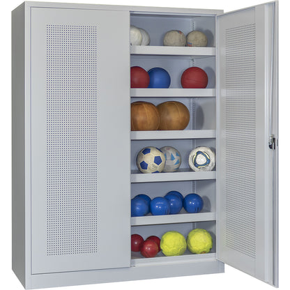 Double door ball cupboard, height 1950 mm, with perforated panel doors, width 1500 mm, grey.