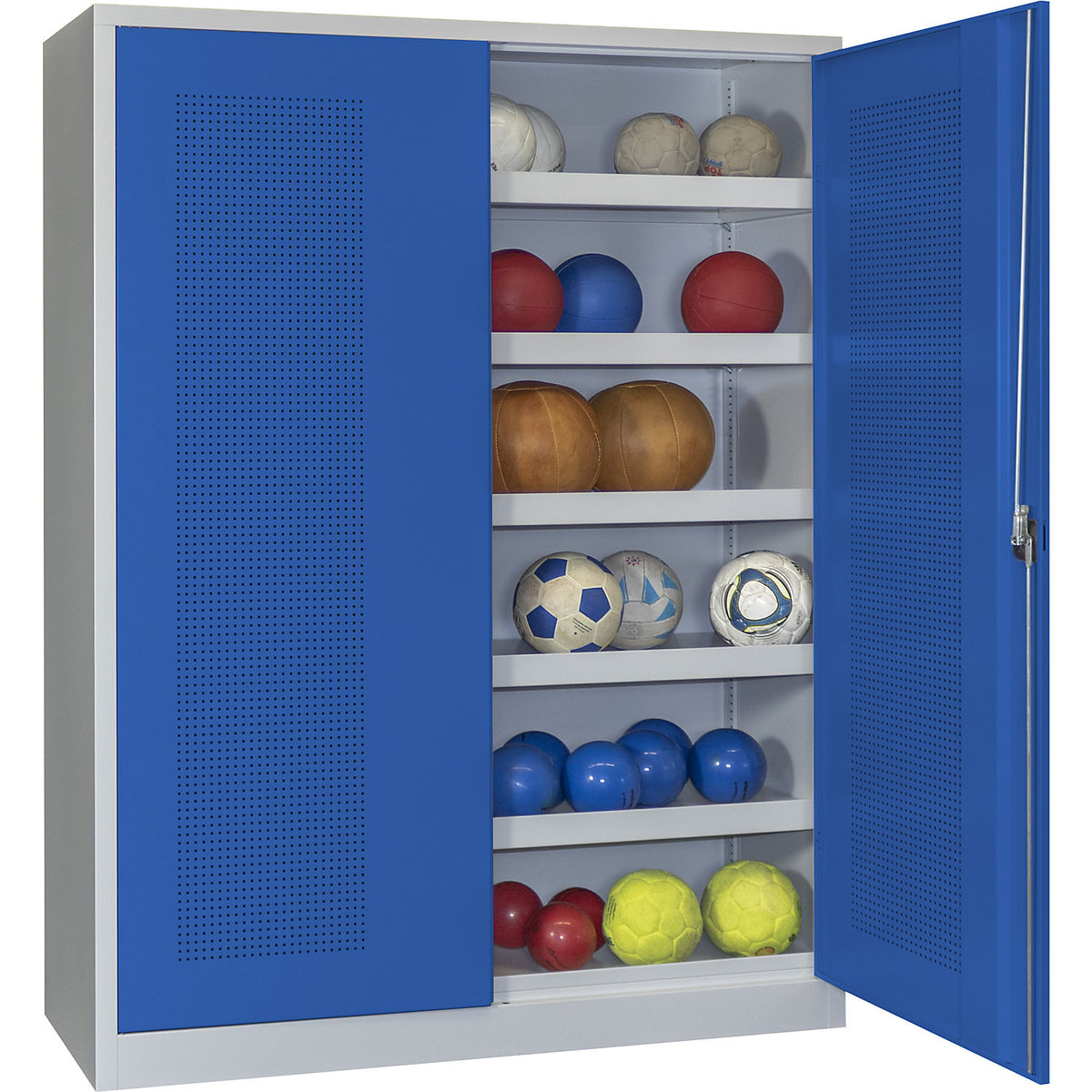 Double door ball cupboard, height 1950 mm, with perforated panel doors, width 1500 mm, grey / blue.