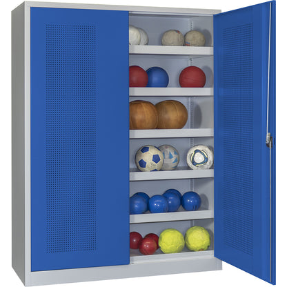 Double door ball cupboard, height 1950 mm, with perforated panel doors, width 1500 mm, grey / blue.