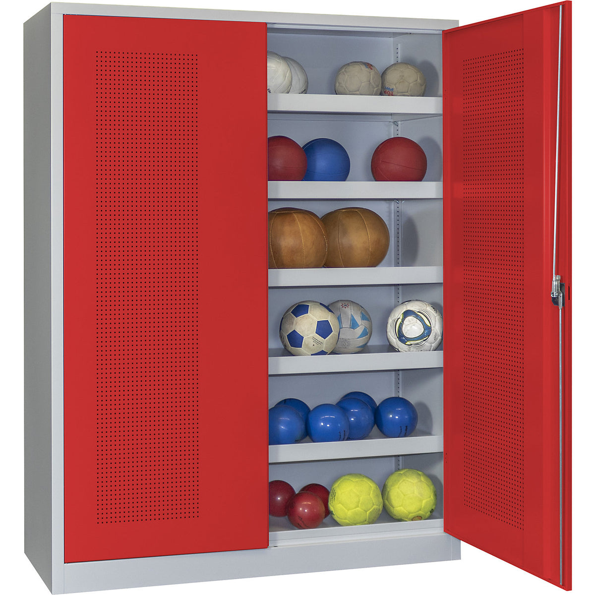 Double door ball cupboard, height 1950 mm, with perforated panel doors, width 1500 mm, grey / red.