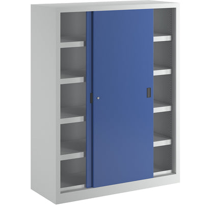 Sliding door ball cupboard, height 1950 mm, with solid panel doors, width 1500 mm, grey / blue.