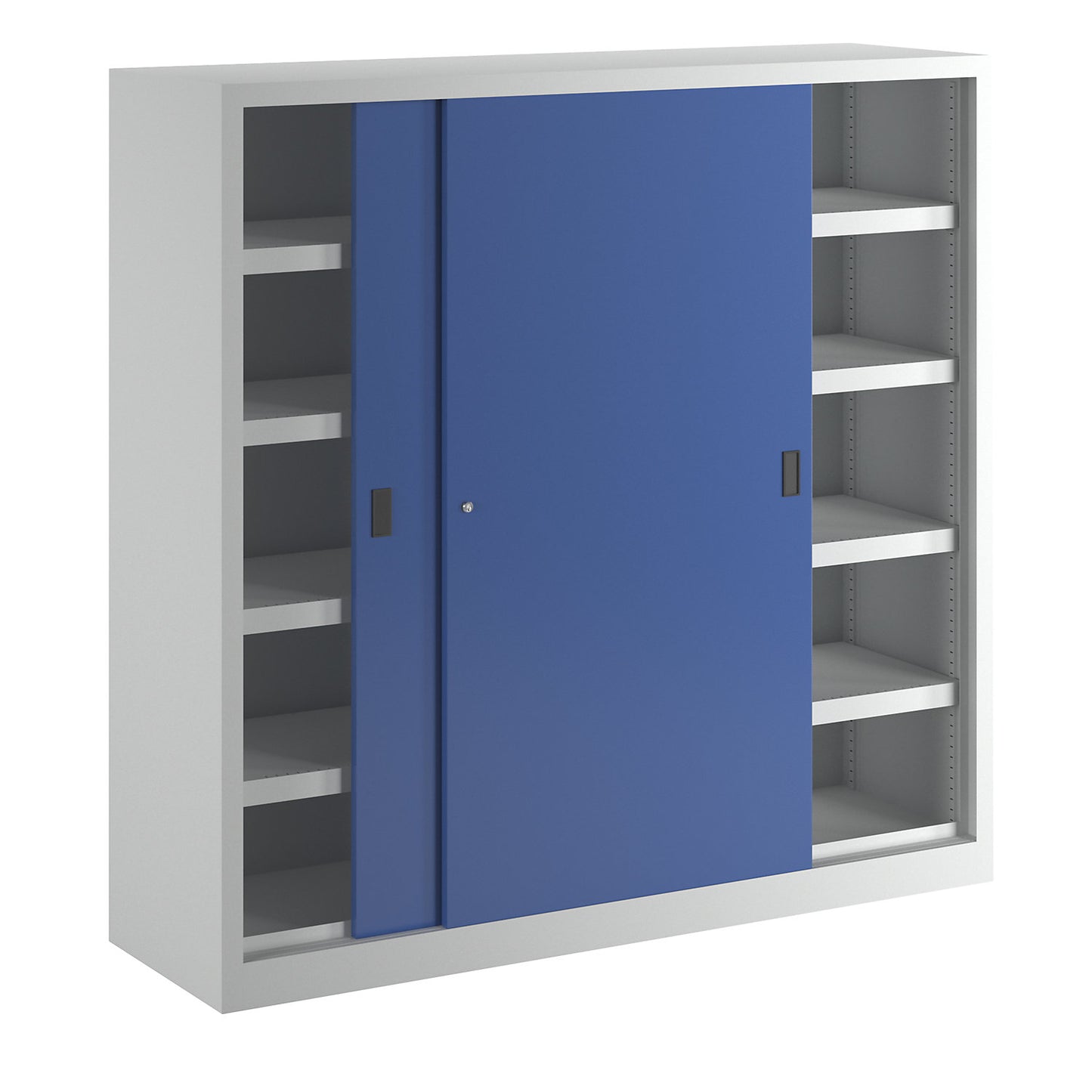 Sliding door ball cupboard, height 1950 mm, with solid panel doors, width 2000 mm, grey / blue.
