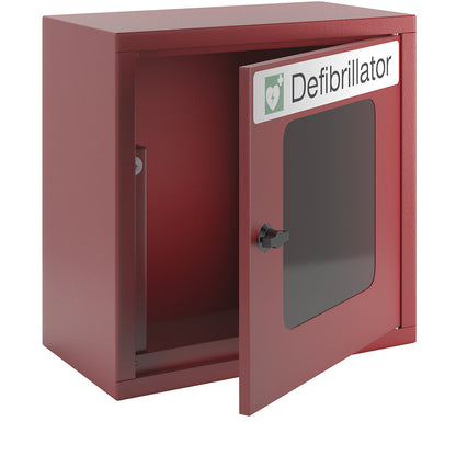 Defibrillator cupboard, with audible alarm, flame red.