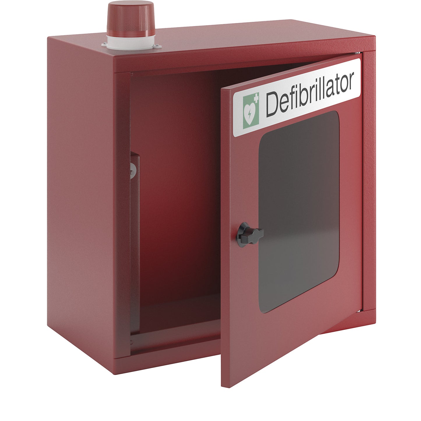 Defibrillator cupboard, with audible and visual alarm, flame red.