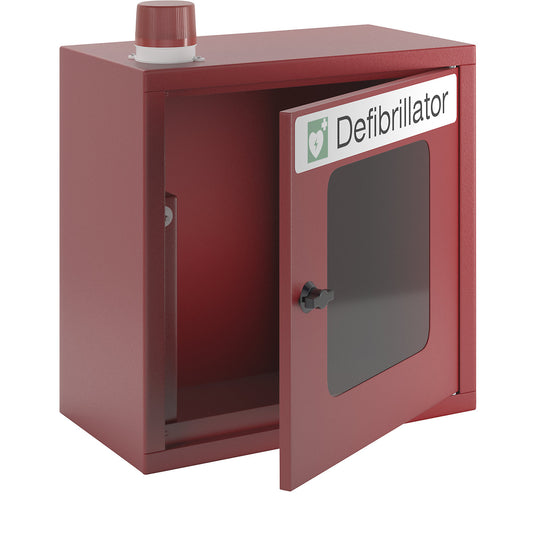 Defibrillator cupboard, with audible and visual alarm, flame red.