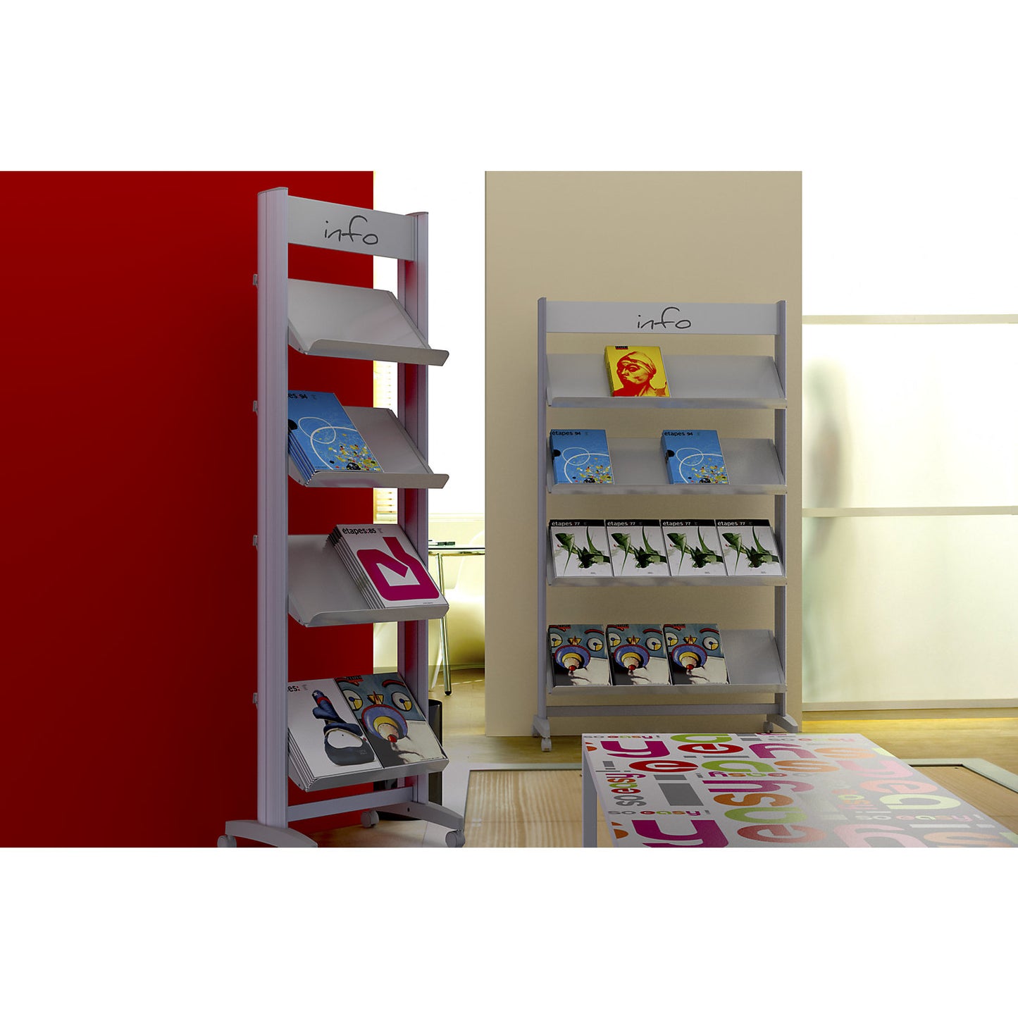 Mobile metal brochure display stand, with metal shelves, width 940 mm.