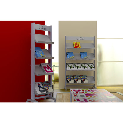 Mobile metal brochure display stand, with metal shelves, width 940 mm.