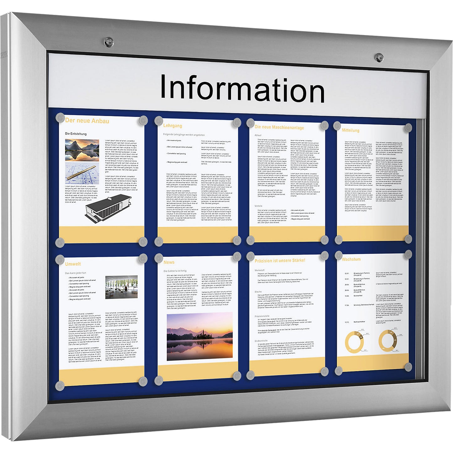 Display case, for 8 x A4, gentian blue, opens 180° downwards.