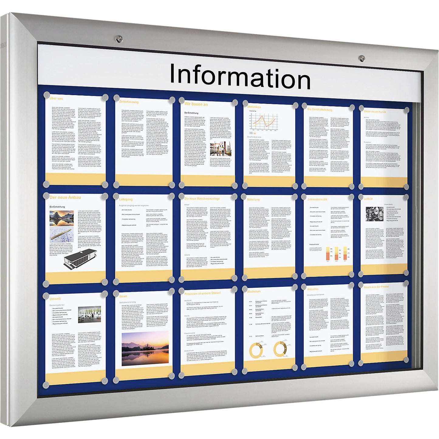 Display case, for 18 x A4, gentian blue, opens 180° downwards.