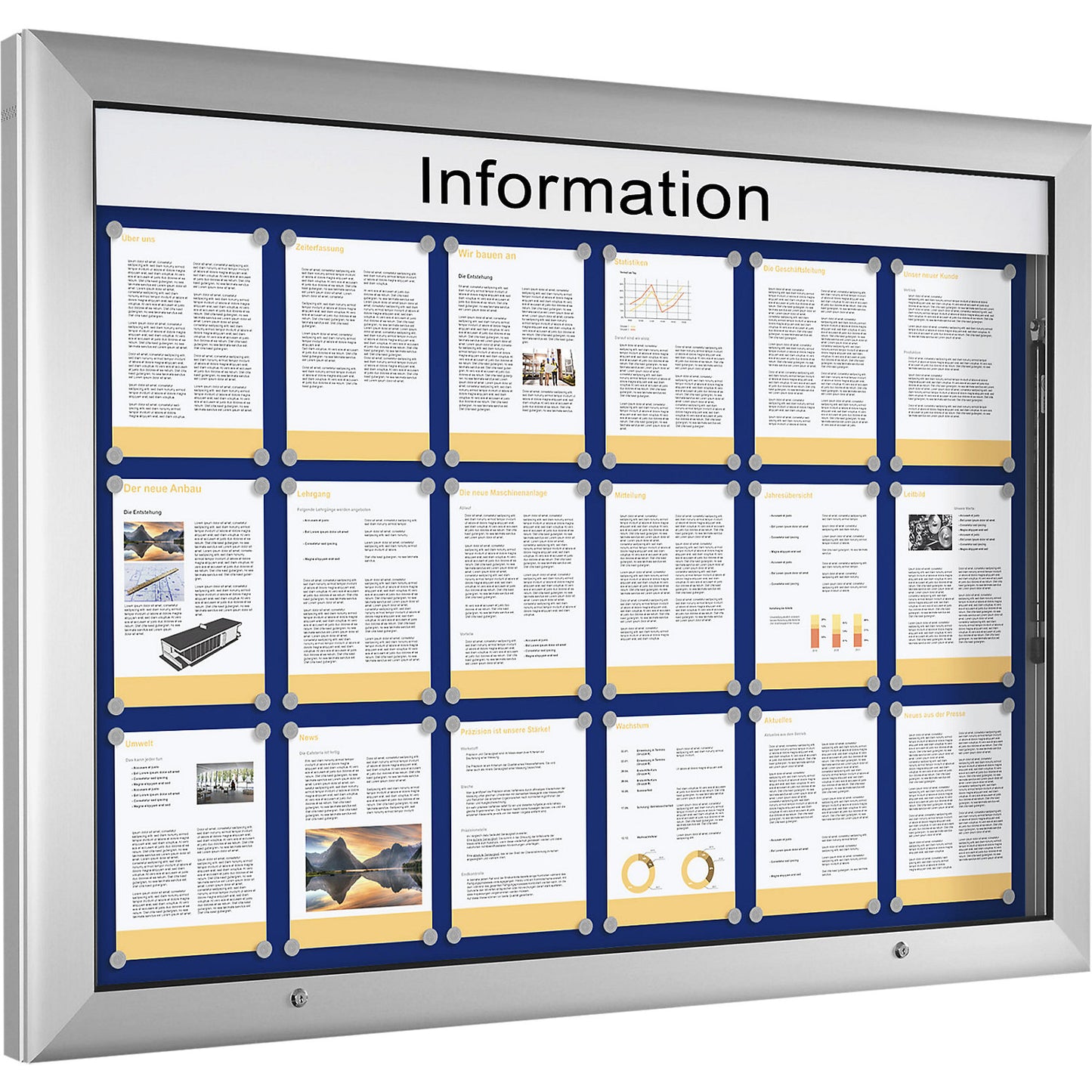 Display case, for 18 x A4, gentian blue, opens 90° upwards.