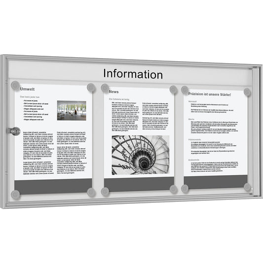 Budget display case, grey white, landscape format, for 3 x A4.