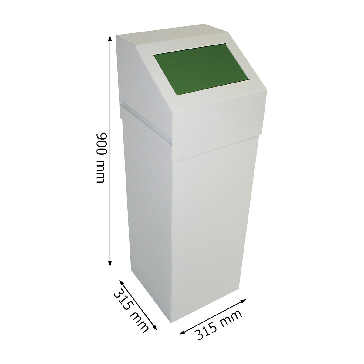 Steel recyclable waste collector, capacity 65 l, with green lid.