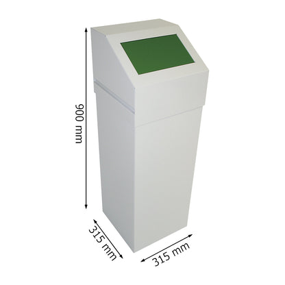 Steel recyclable waste collector, capacity 65 l, with green lid.