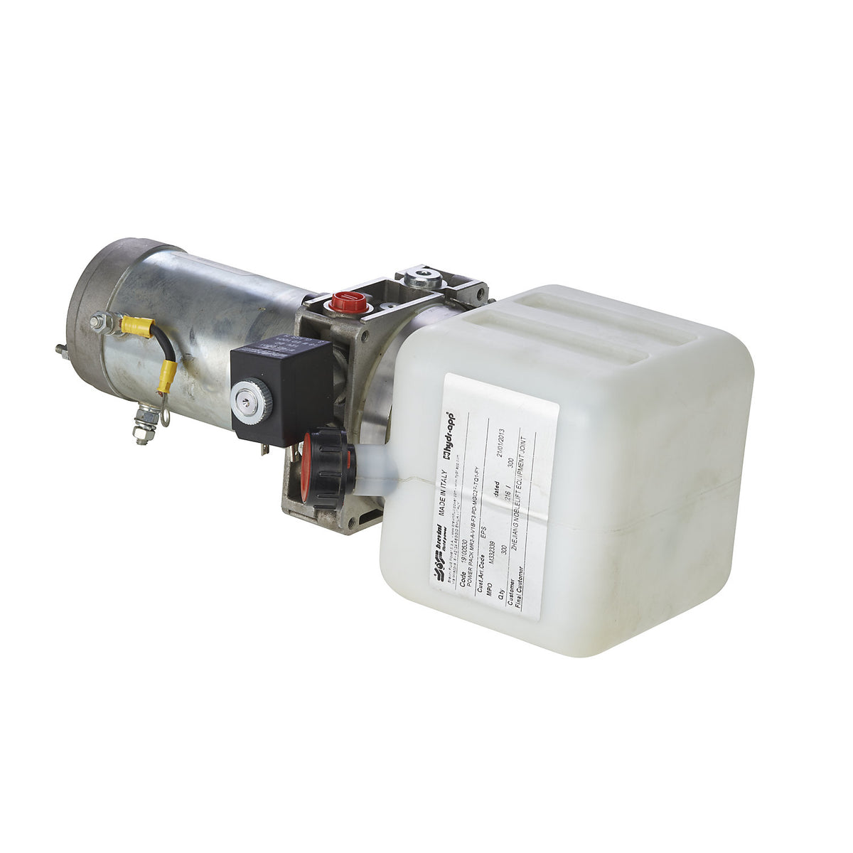 Motor, with white tank, for platform lift.