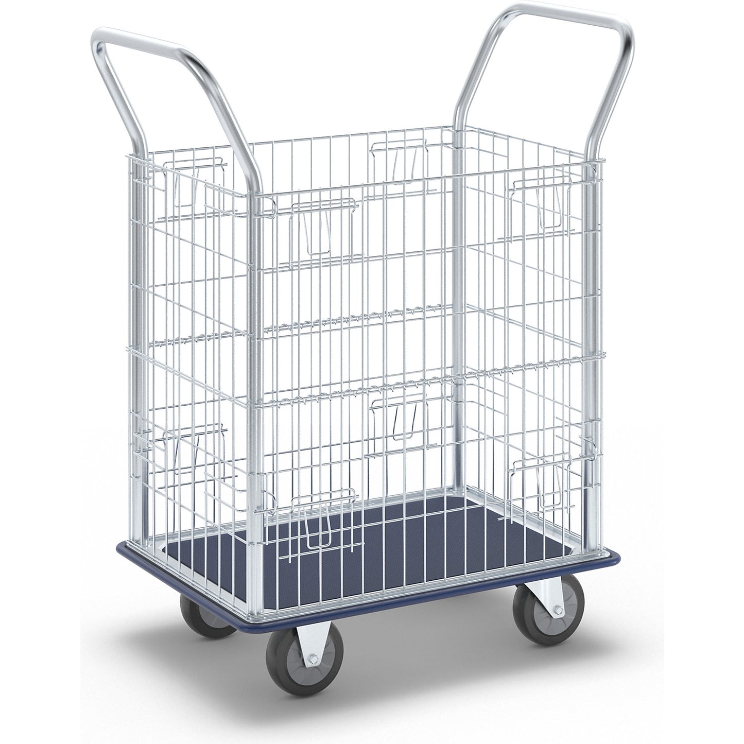 Mesh trolley, zinc plated mesh sides, with stainless steel push handles, max. load 220 kg.