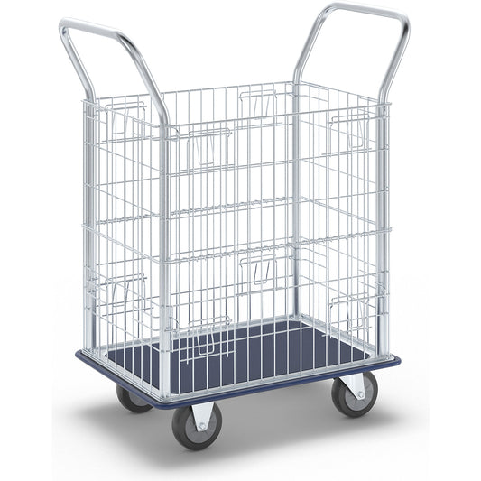Mesh trolley, zinc plated mesh sides, with stainless steel push handles, max. load 220 kg.