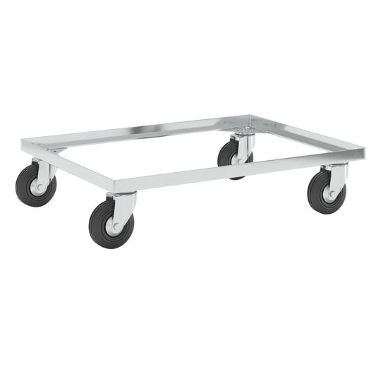 Steel wheeled base, with solid rubber tyres, max. load 250 kg, shelf 810 x 610 mm, zinc plated.