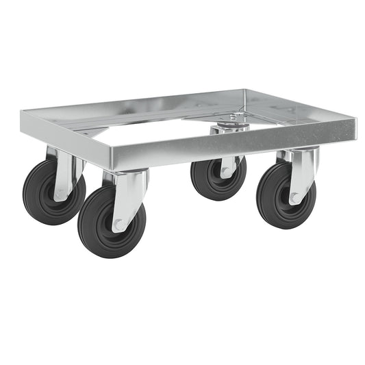 Steel wheeled base, with solid rubber tyres, max. load 250 kg, shelf 410 x 310 mm, zinc plated.