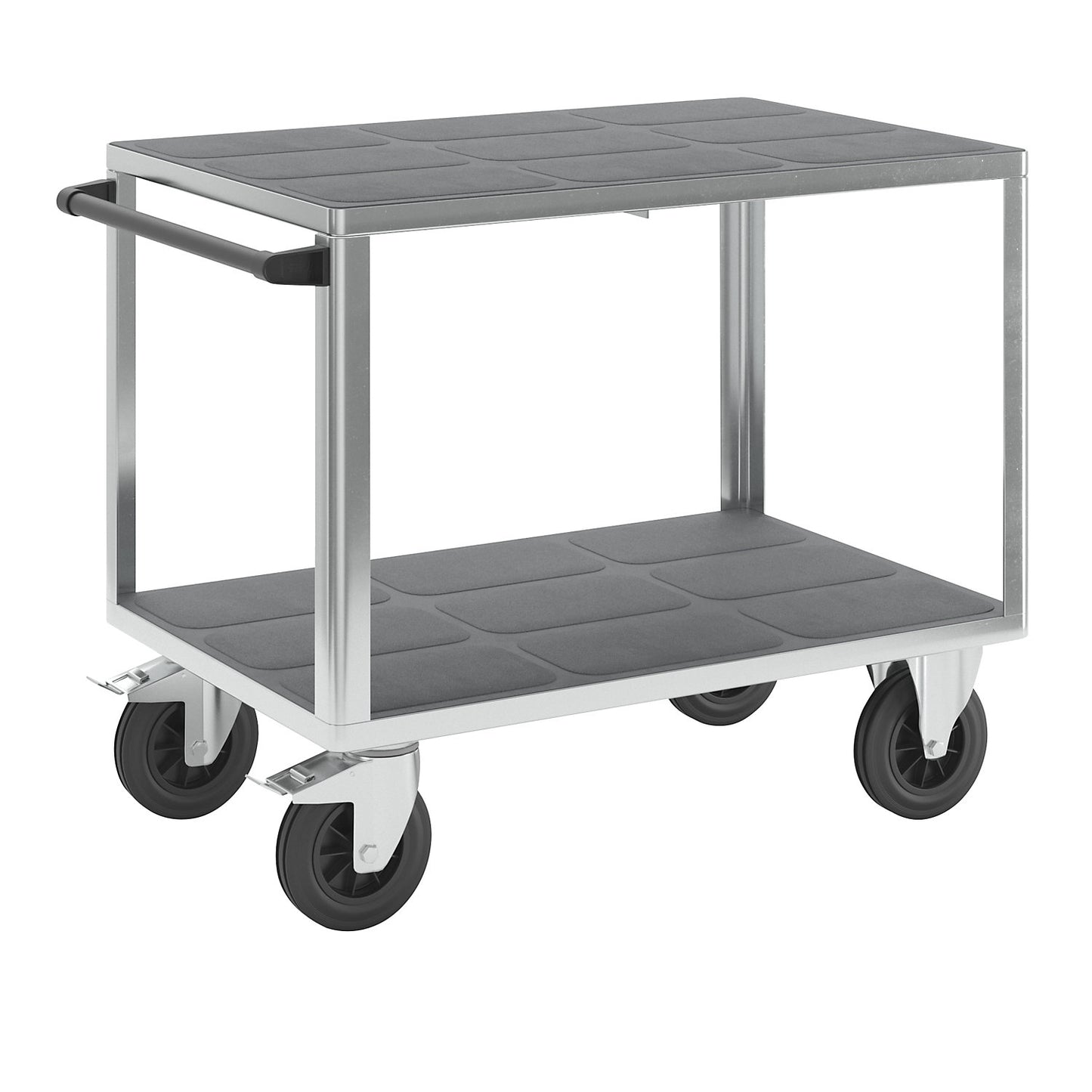 Assembly trolley, max. load 500 kg, 2 plastic shelves, shelf 1050 x 700 mm, zinc plated frame.