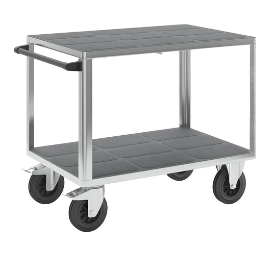 Assembly trolley, max. load 500 kg, 2 plastic shelves, shelf 1050 x 700 mm, zinc plated frame.