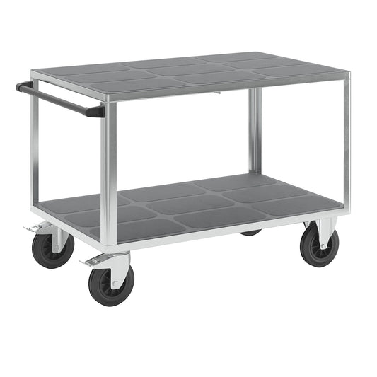 Assembly trolley, max. load 500 kg, 2 plastic shelves, shelf 1250 x 800 mm, zinc plated frame.