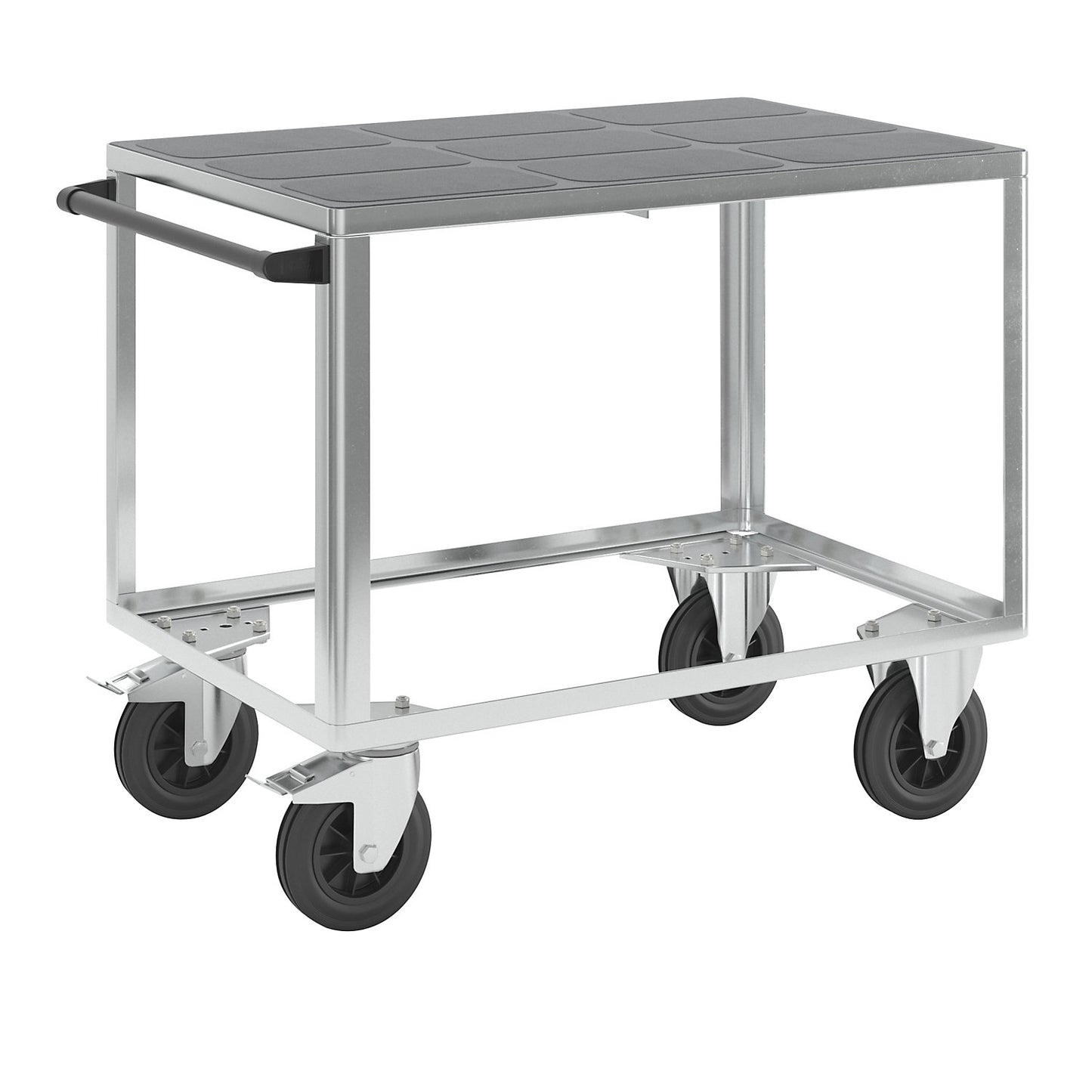 Assembly trolley, max. load 500 kg, 1 plastic shelf, shelf 1050 x 700 mm, zinc plated frame.