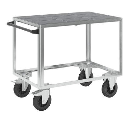 Assembly trolley, max. load 500 kg, 1 plastic shelf, shelf 1050 x 700 mm, zinc plated frame.