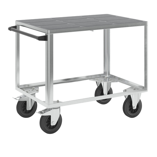 Assembly trolley, max. load 500 kg, 1 plastic shelf, shelf 1050 x 700 mm, zinc plated frame.
