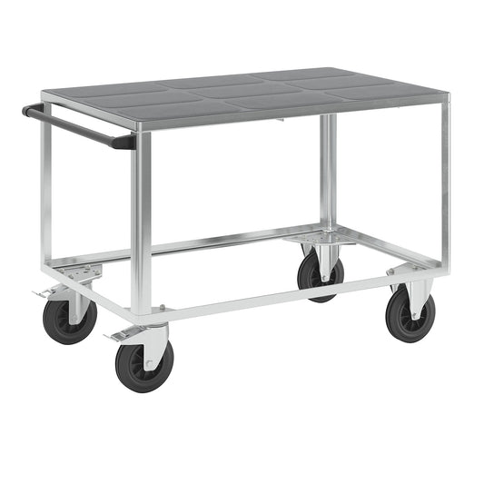 Assembly trolley, max. load 500 kg, 1 plastic shelf, shelf 1250 x 800 mm, zinc plated frame.