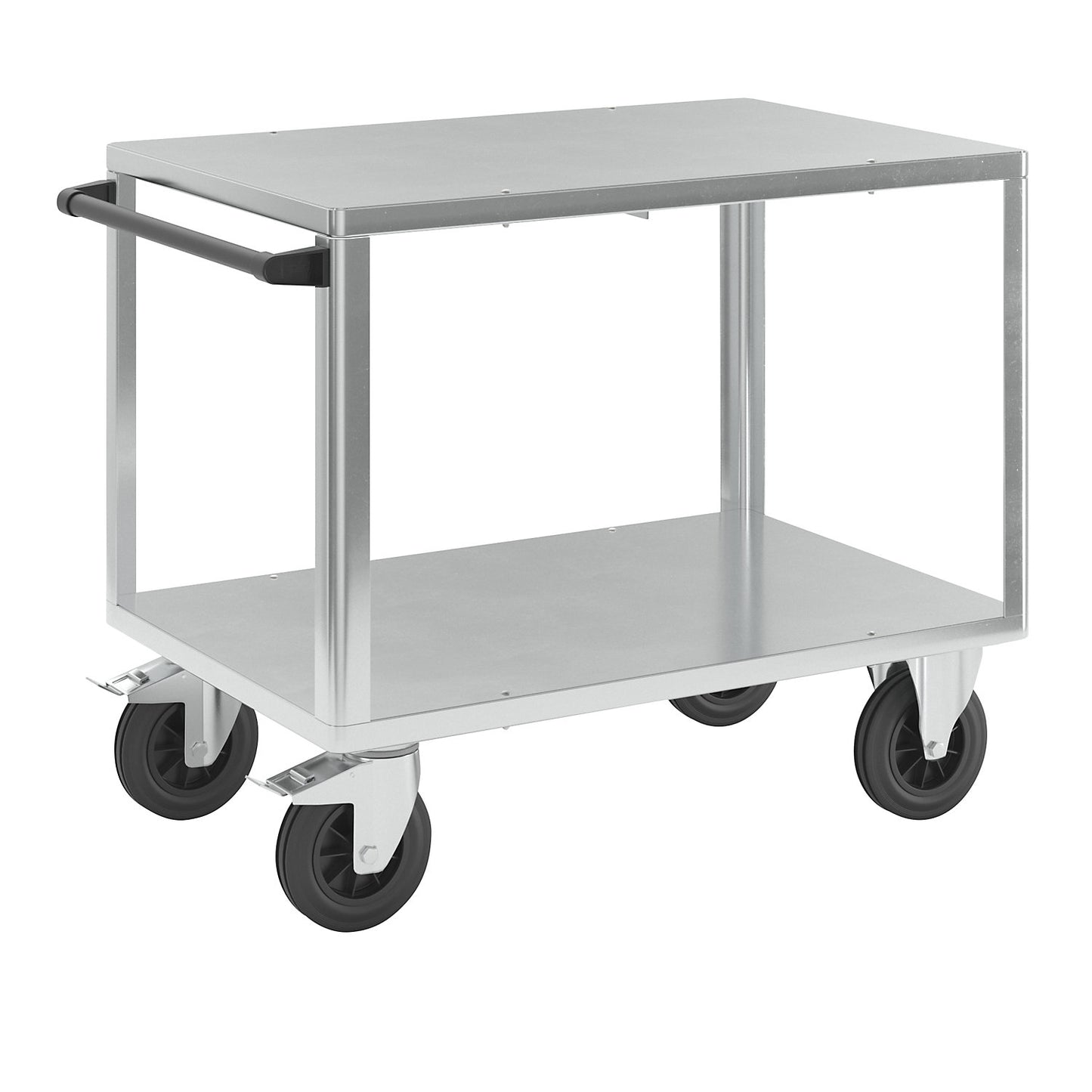 Assembly trolley, max. load 500 kg, 2 shelves with zinc plated sheet steel covering, shelf 1050 x 700 mm, zinc plated frame.