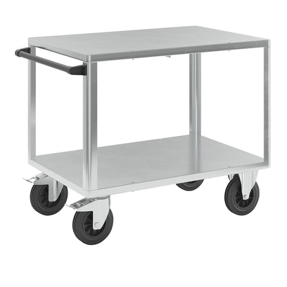 Assembly trolley, max. load 500 kg, 2 shelves with zinc plated sheet steel covering, shelf 1050 x 700 mm, zinc plated frame.