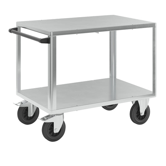 Assembly trolley, max. load 500 kg, 2 shelves with zinc plated sheet steel covering, shelf 1050 x 700 mm, zinc plated frame.