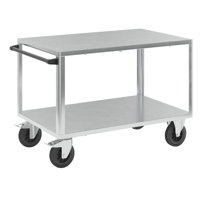 Assembly trolley, max. load 500 kg, 2 shelves with zinc plated sheet steel covering, shelf 1250 x 800 mm, zinc plated frame.