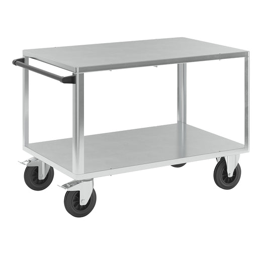 Assembly trolley, max. load 500 kg, 2 shelves with zinc plated sheet steel covering, shelf 1250 x 800 mm, zinc plated frame.