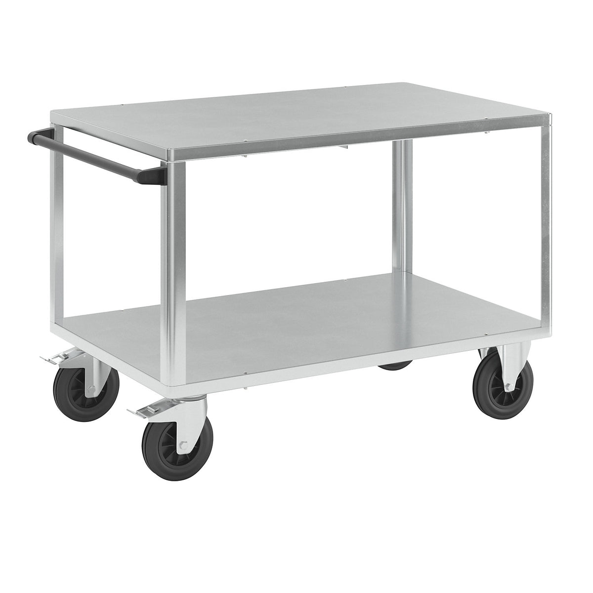 Assembly trolley, max. load 500 kg, 2 shelves with zinc plated sheet steel covering, shelf 1250 x 800 mm, zinc plated frame.