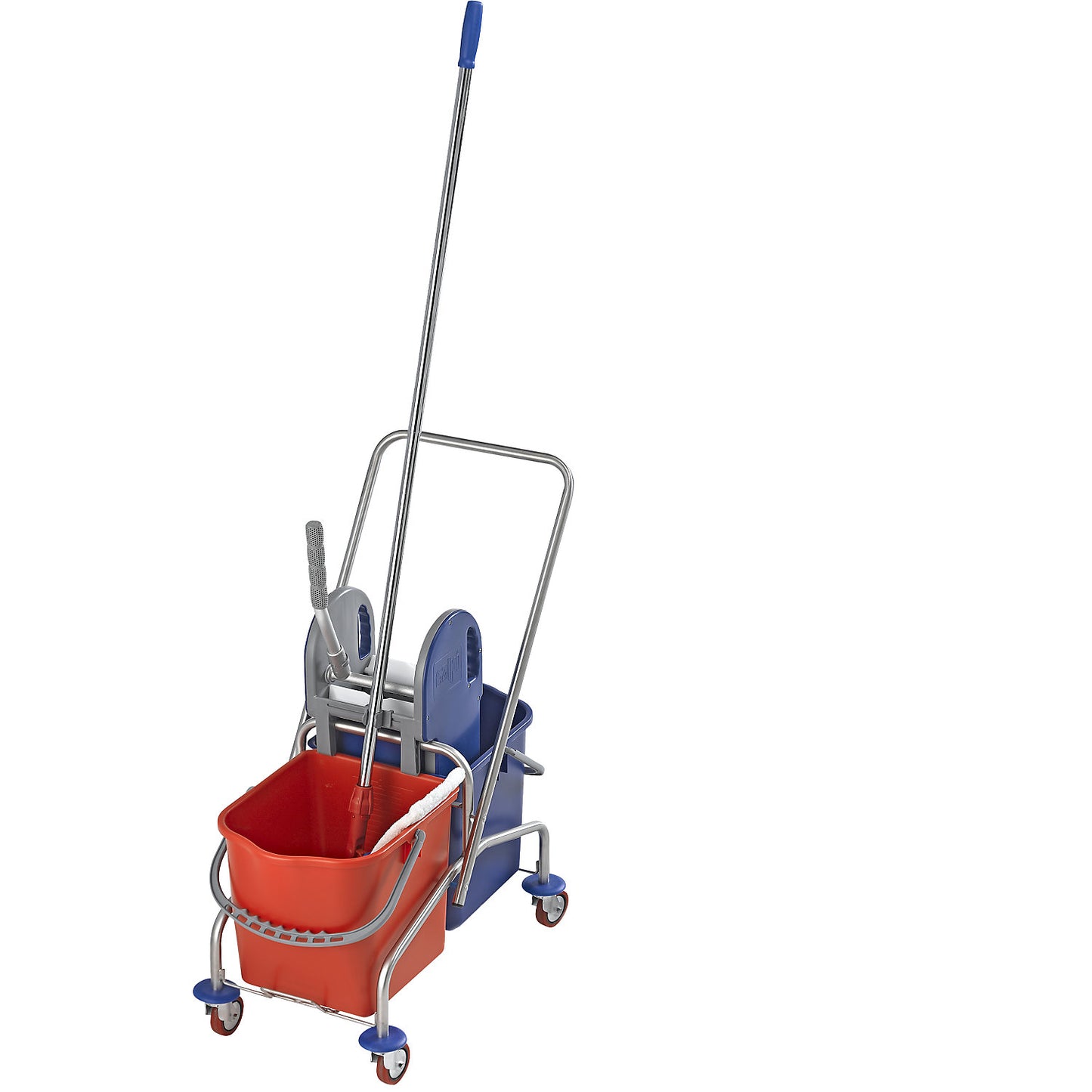 Stainless steel cleaning trolley set, with 2 x 25 l buckets, holder and 10 mops, metal castors and mop.