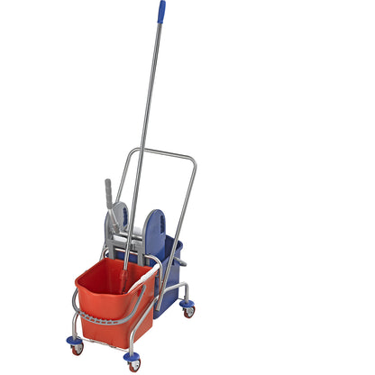 Stainless steel cleaning trolley set, with 2 x 25 l buckets, holder and 10 mops, metal castors and mop.