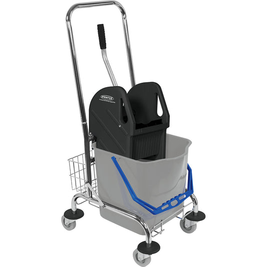 Wet mop trolley, 1 x 27 l single mobile bucket with push bar, and storage basket.