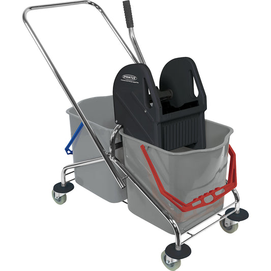 Wet mop trolley, 2 x 27 l double mobile buckets with push bar, and metal frame.