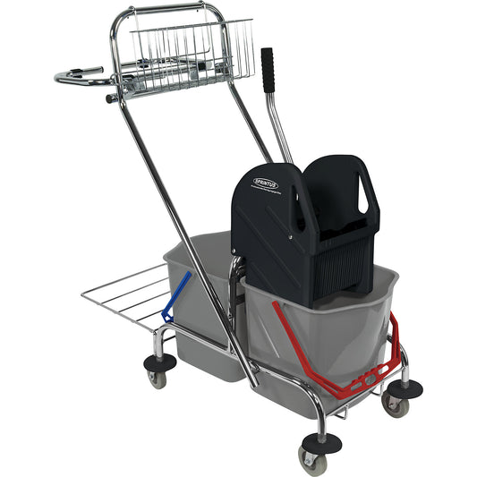 Wet mop trolley, 2 x 17 l double mobile buckets with waste sack holder, and push bar, storage basket and storage rack.
