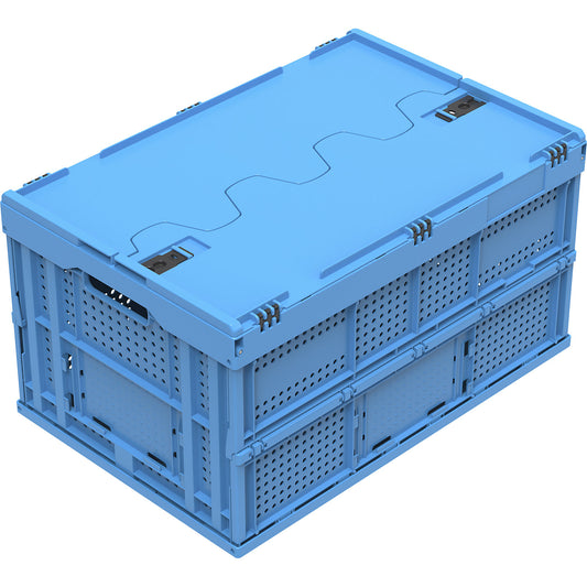 Polypropylene folding box, capacity 60 l, with hinged lid, blue, perforated.