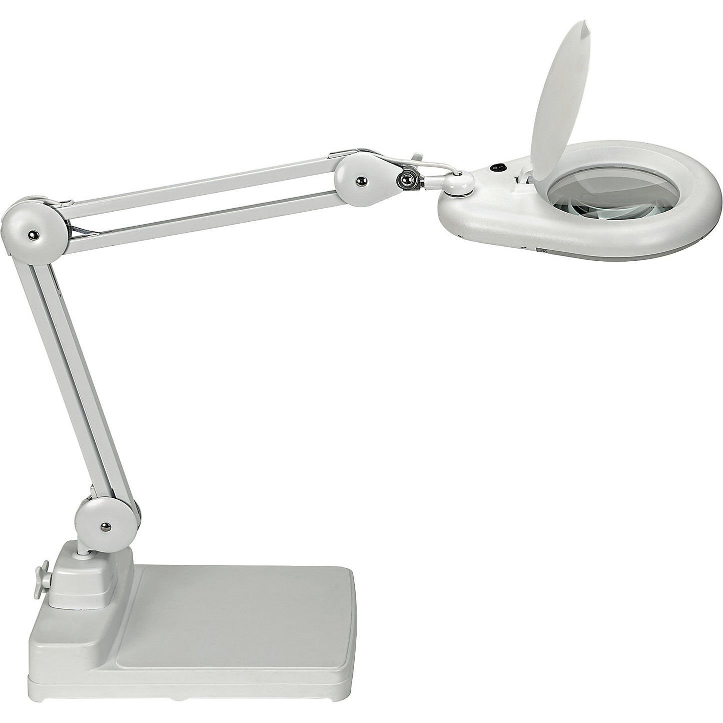 MAULviso LED magnifying lamp IP54, arm length 310 mm, with base, white.