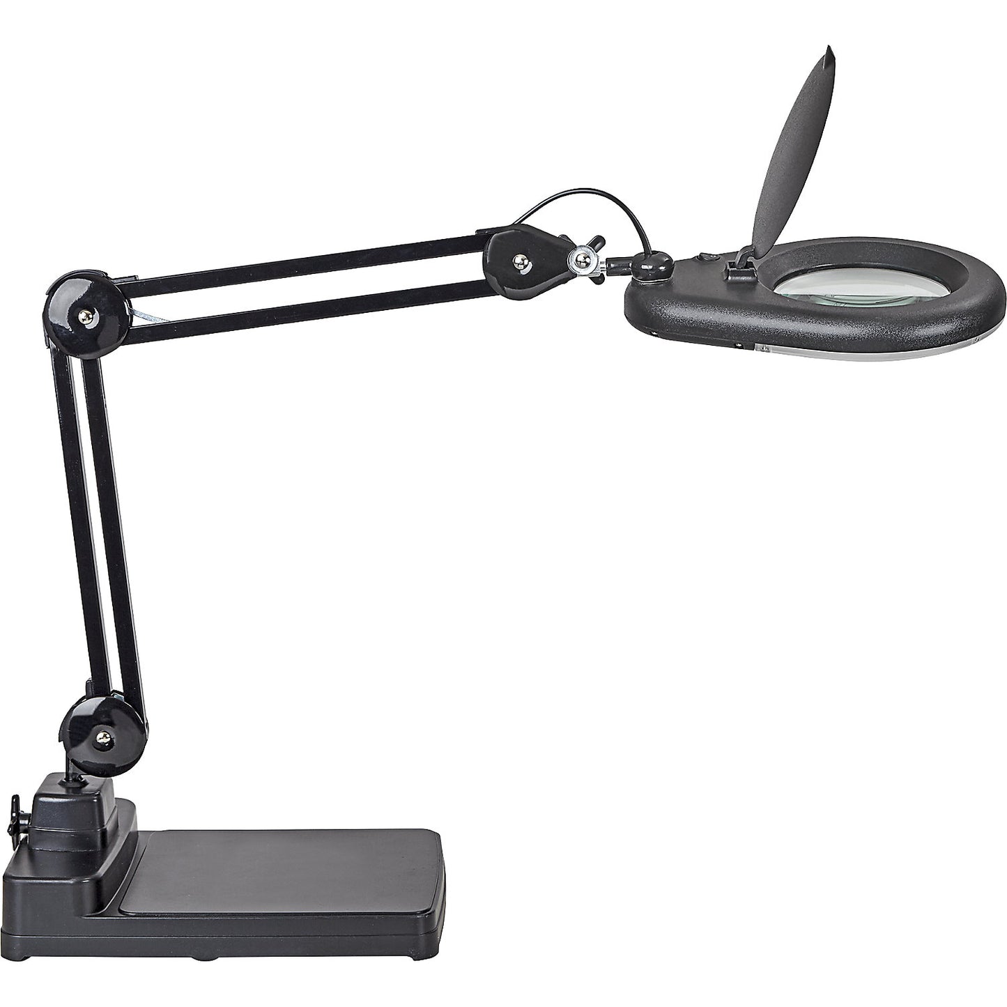 MAULviso LED magnifying lamp IP54, arm length 310 mm, with base, black.