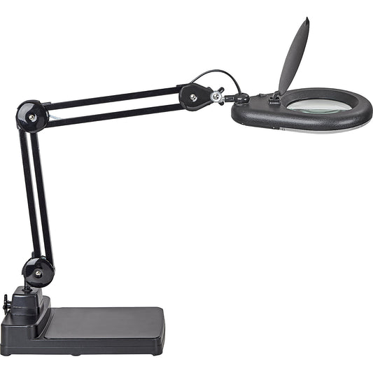 MAULviso LED magnifying lamp IP54, arm length 310 mm, with base, black.