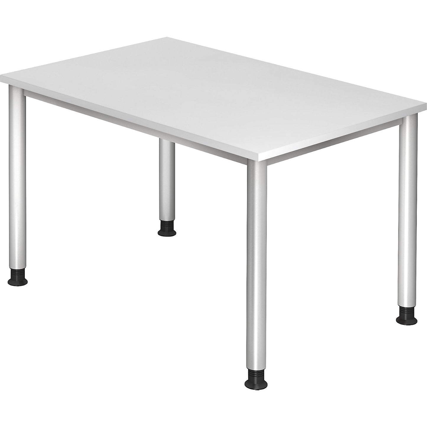 Desk, HxD 685 - 810 x 800 mm, 4 round tubular legs, width 1200 mm, aluminium silver / white.