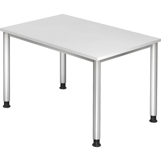 Desk, HxD 685 - 810 x 800 mm, 4 round tubular legs, width 1200 mm, aluminium silver / white.