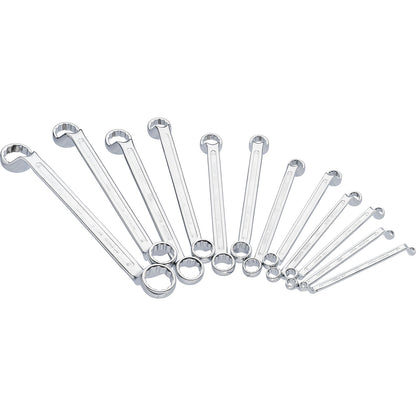 Double ring spanner set, 12 pieces, chrome plated, polished, DIN838.