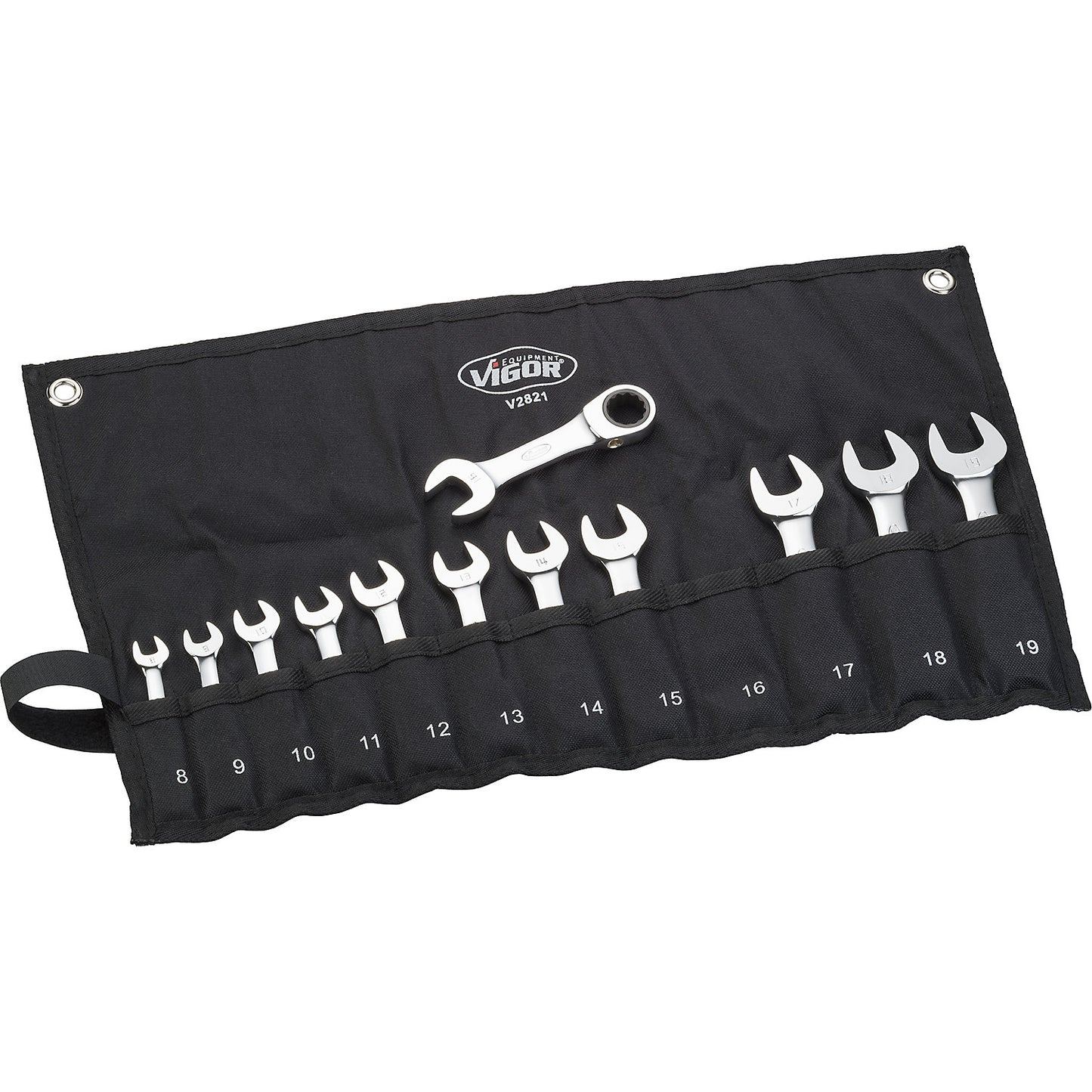 Ratchet ring spanner set, short design, 12-piece, with roll-up case.