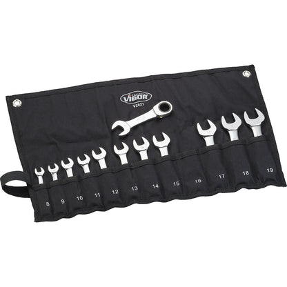 Ratchet ring spanner set, short design, 12-piece, with roll-up case.